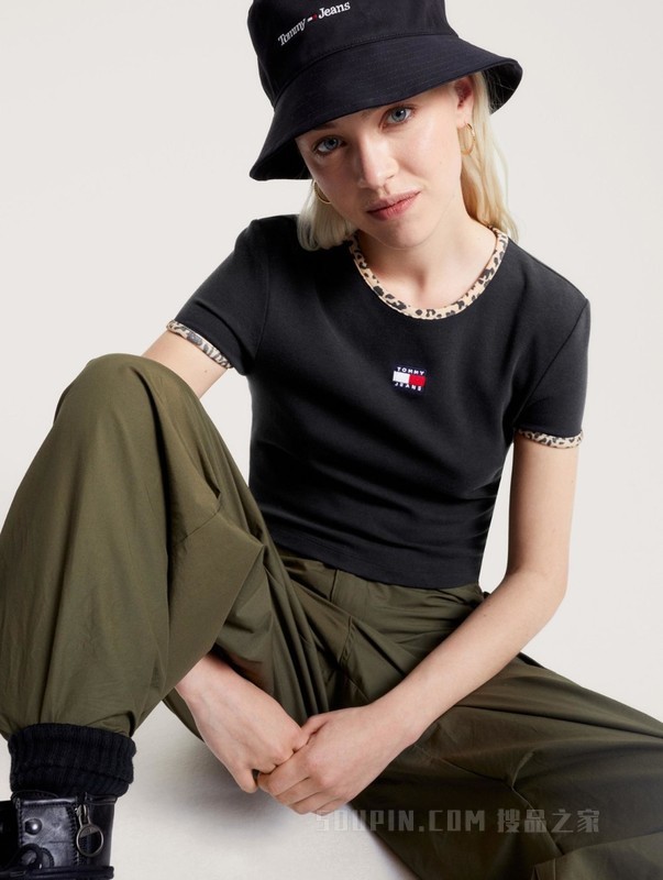 23新款秋季女装豹纹图案镶边街头短款针织短袖上衣16506