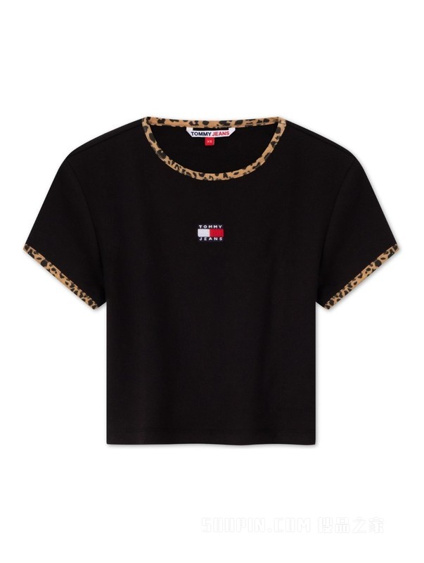 23新款秋季女装豹纹图案镶边街头短款针织短袖上衣16506