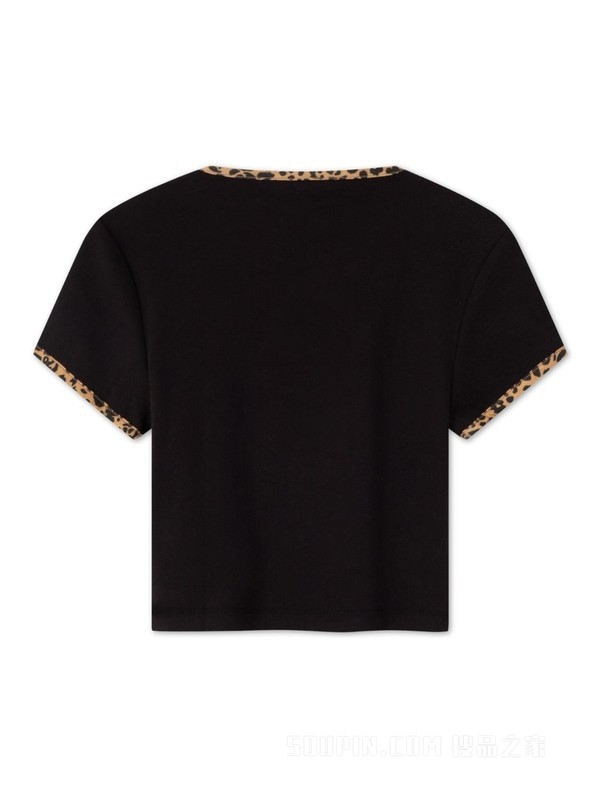23新款秋季女装豹纹图案镶边街头短款针织短袖上衣16506
