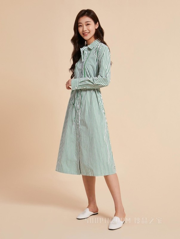 23新款女纯棉休闲细条纹系带收腰合身版衬衫裙连衣裙37955