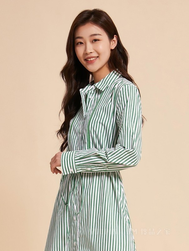 23新款女纯棉休闲细条纹系带收腰合身版衬衫裙连衣裙37955