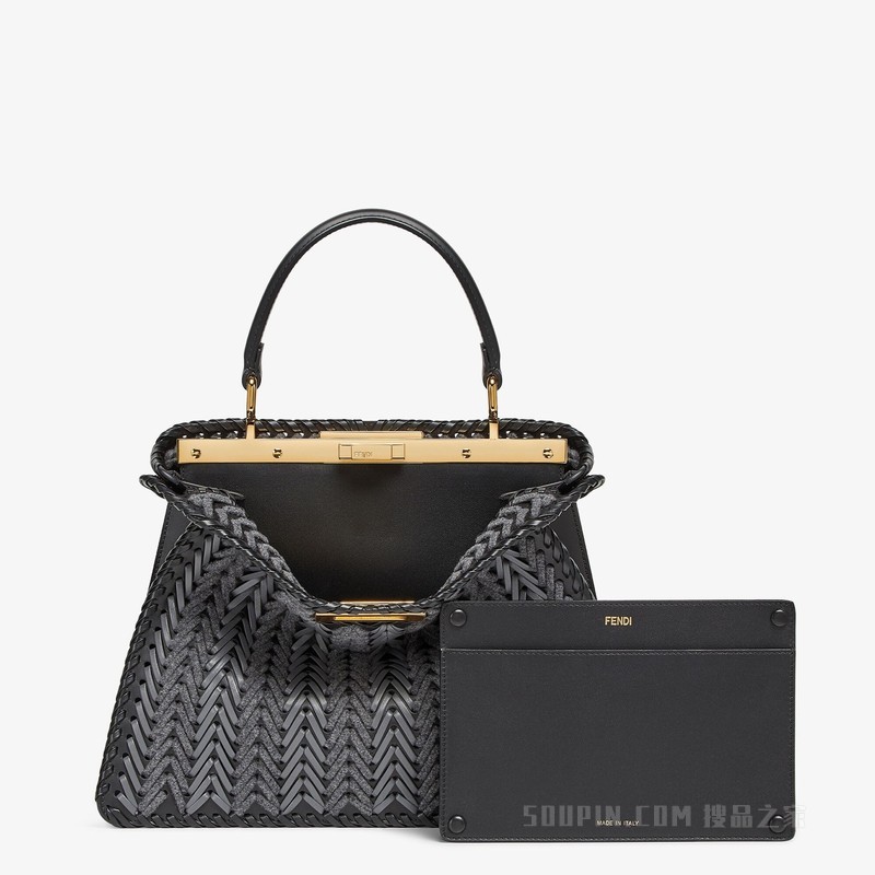 Peekaboo ISeeU中号手袋 灰色皮革和毛毡交织黑色手袋