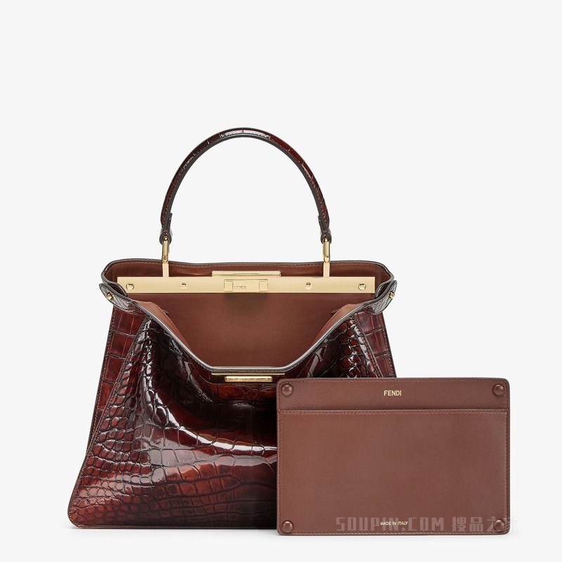 Peekaboo ISeeU中号手袋 玳瑁效果深棕色短吻鳄鱼皮手袋