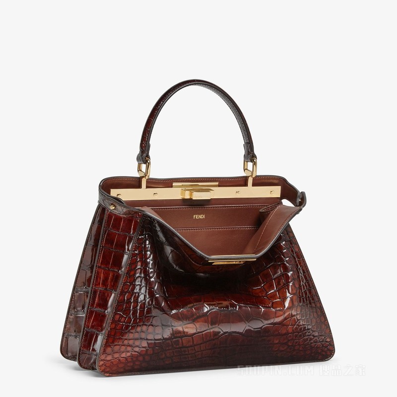 Peekaboo ISeeU中号手袋 玳瑁效果深棕色短吻鳄鱼皮手袋