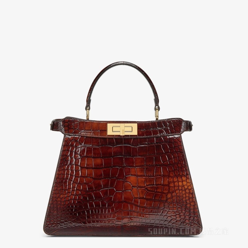 Peekaboo ISeeU中号手袋 玳瑁效果深棕色短吻鳄鱼皮手袋