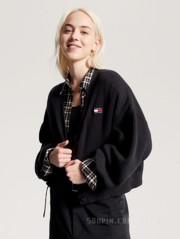 23新款秋季女装纯棉复古灯笼袖纽扣V领宽松短针织开衫16531