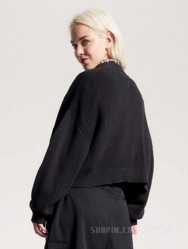 23新款秋季女装纯棉复古灯笼袖纽扣V领宽松短针织开衫16531