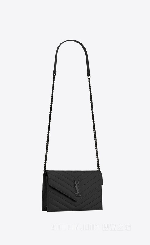 CASSANDRE SAINT LAURENT MATELASSÉ黑色颗粒纹理提花真皮信封链条钱包