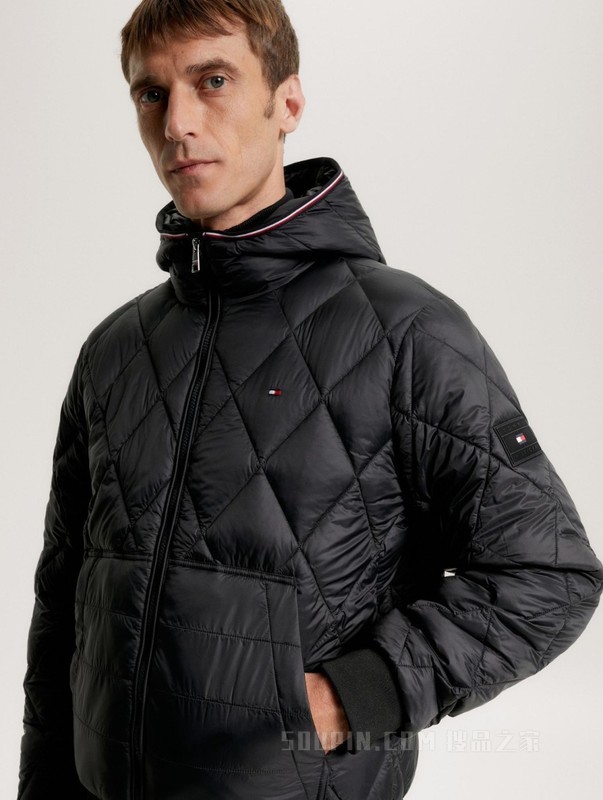 23新款秋冬男装菱形格运动合身保暖连帽铺棉夹克外套32766