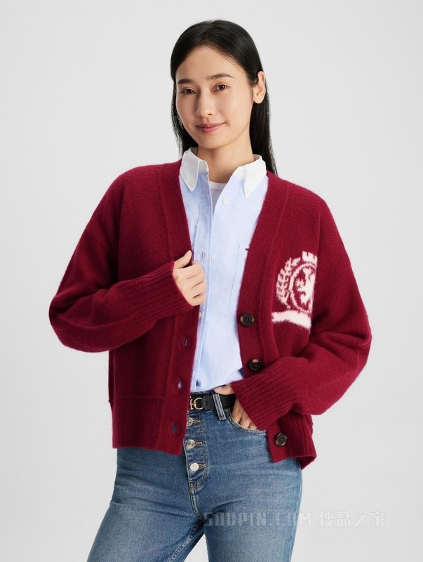 23新款秋季女装纯羊毛重工提花V领宽松落肩针织外套39522