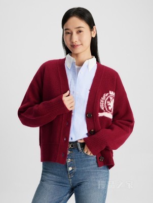 23新款秋季女装纯羊毛重工提花V领宽松落肩针织外套39522