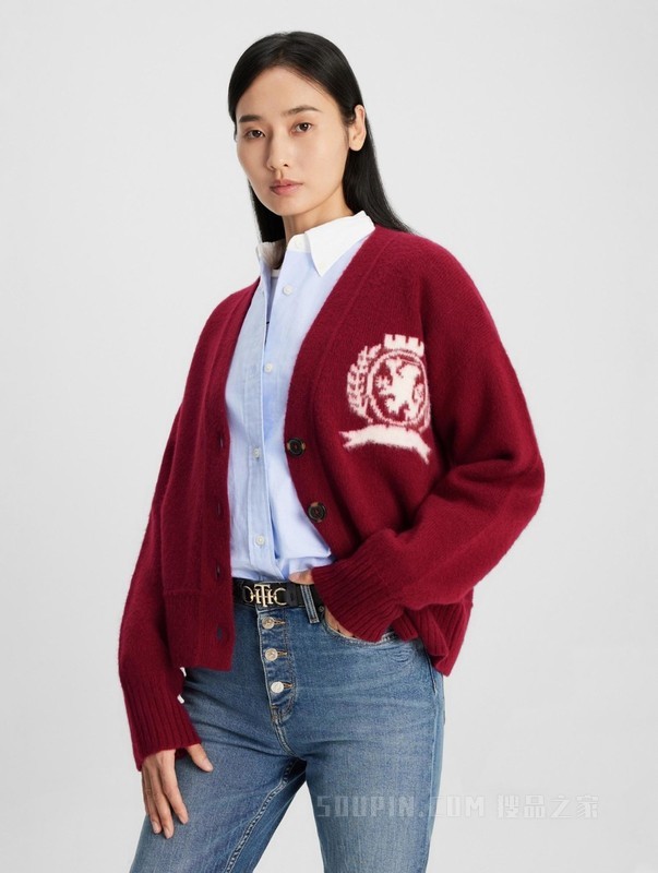 23新款秋季女装纯羊毛重工提花V领宽松落肩针织外套39522