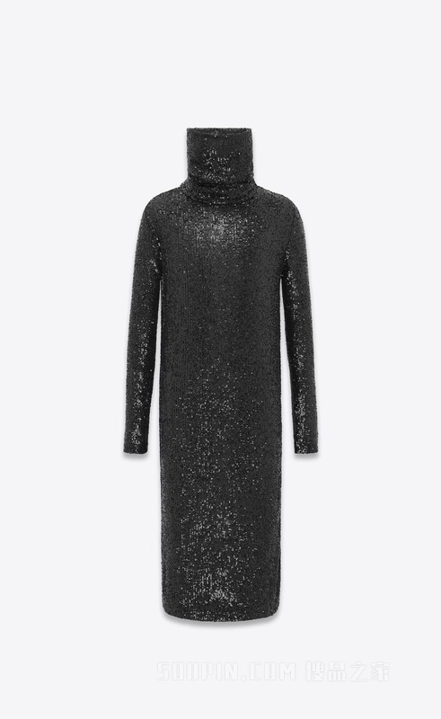 亮片平纹针织长款高领毛衫