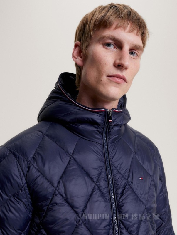 23新款秋冬男装菱形格运动合身保暖连帽铺棉夹克外套32766