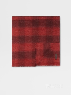 红色大格纹羊毛及桑蚕丝混纺围巾