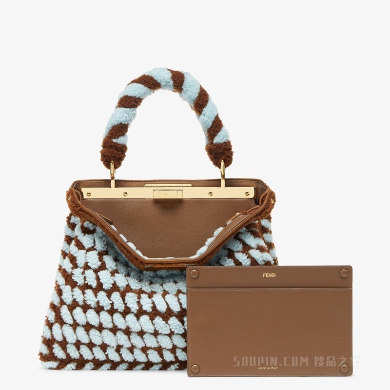 Peekaboo ISeeU中号手袋 深棕色和浅蓝色交织羊皮手袋