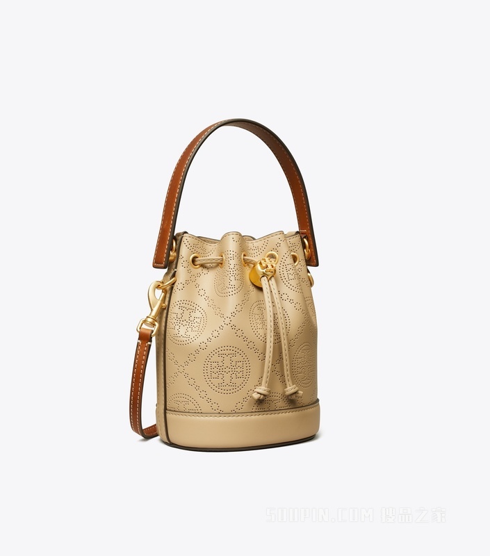 T Monogram 迷你孔眼皮革水桶包 杏仁白