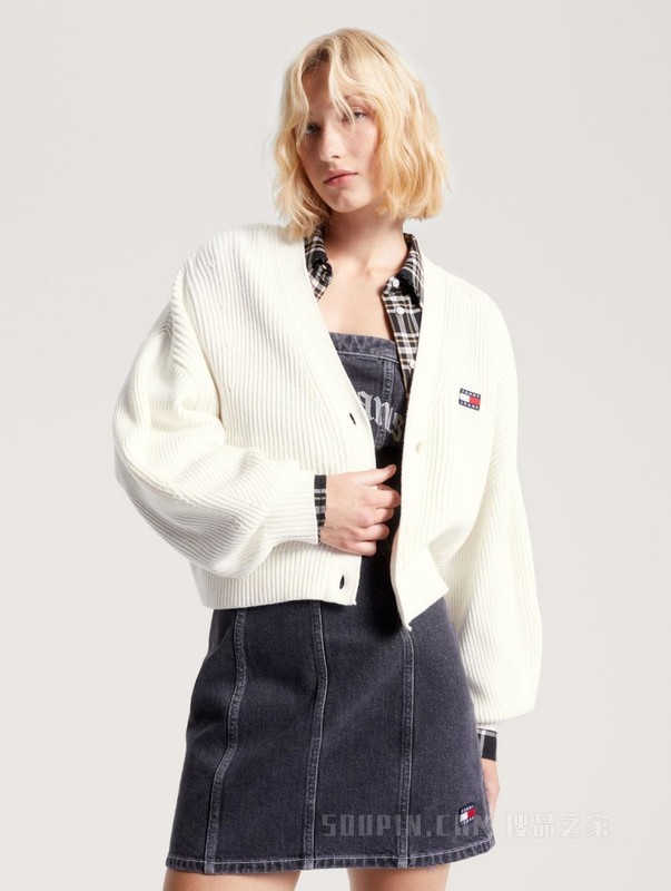 23新款秋季女装纯棉复古灯笼袖纽扣V领宽松短针织开衫16531