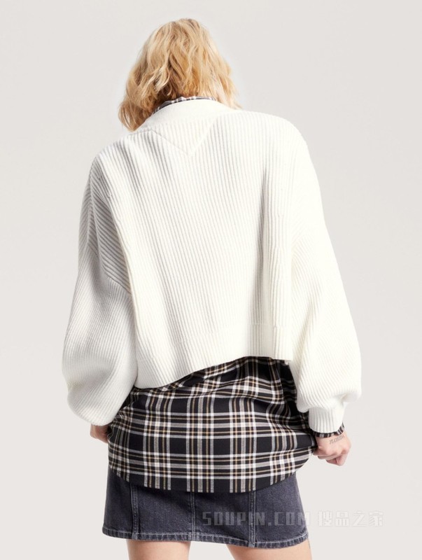 23新款秋季女装纯棉复古灯笼袖纽扣V领宽松短针织开衫16531