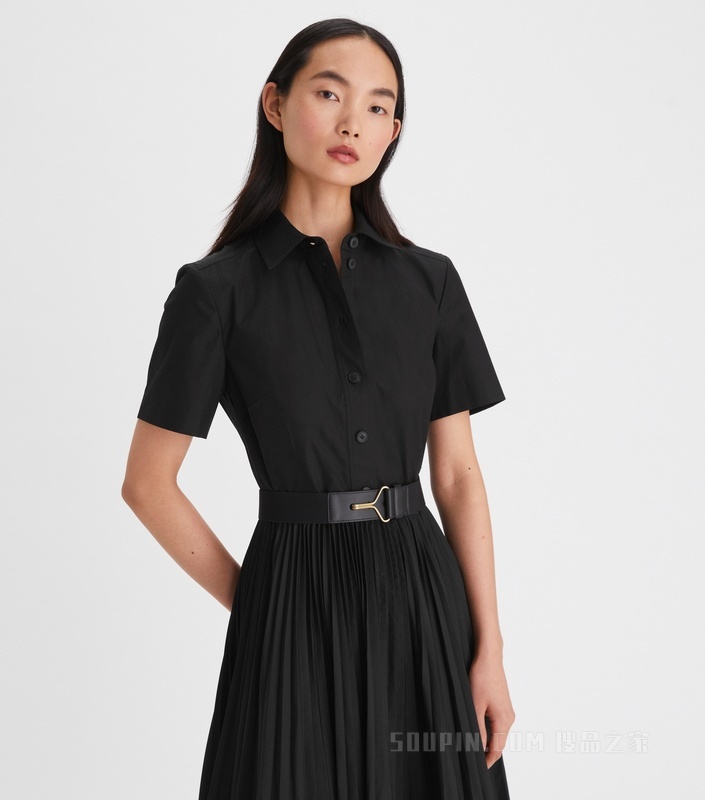 平织褶裥衬衫裙 黑色