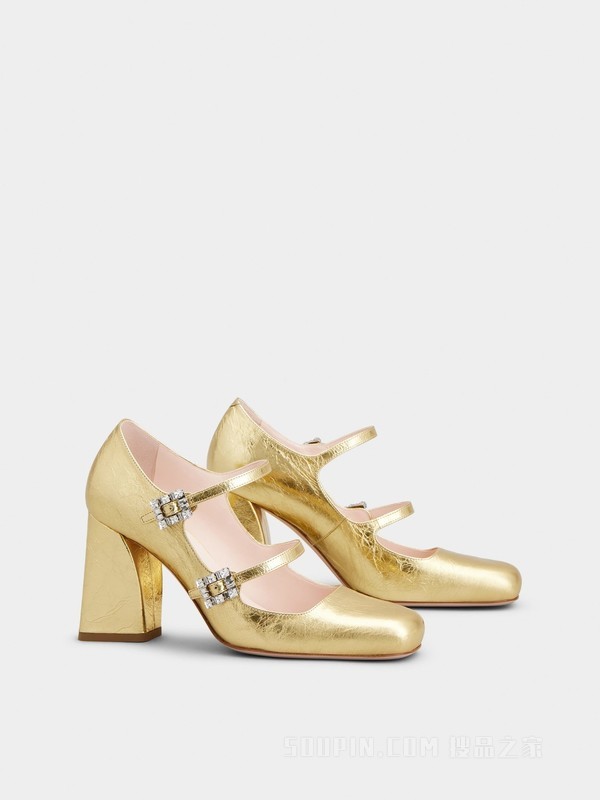 Mini Très Vivier Babies钻扣皮革高跟鞋 金色