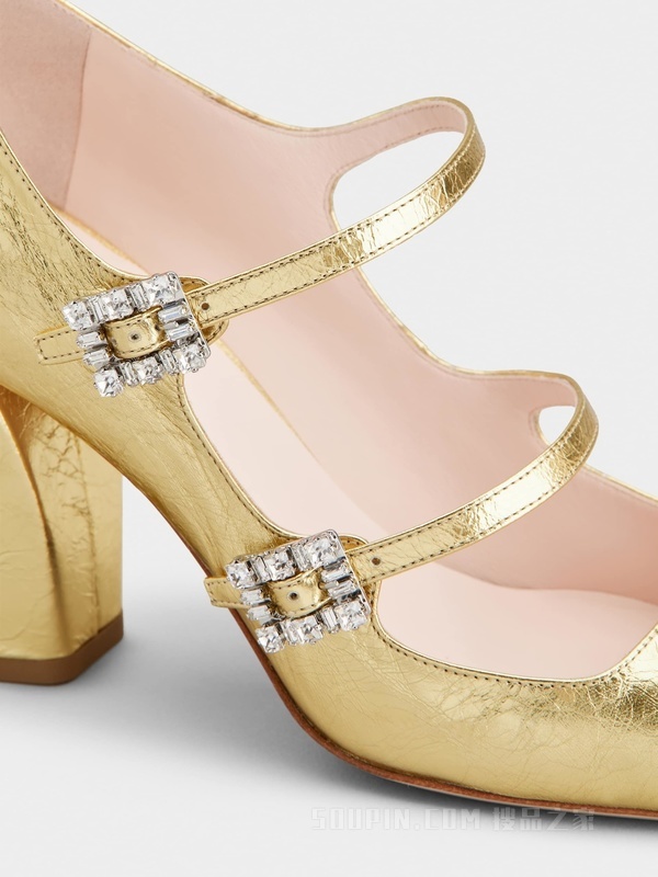 Mini Très Vivier Babies钻扣皮革高跟鞋 金色