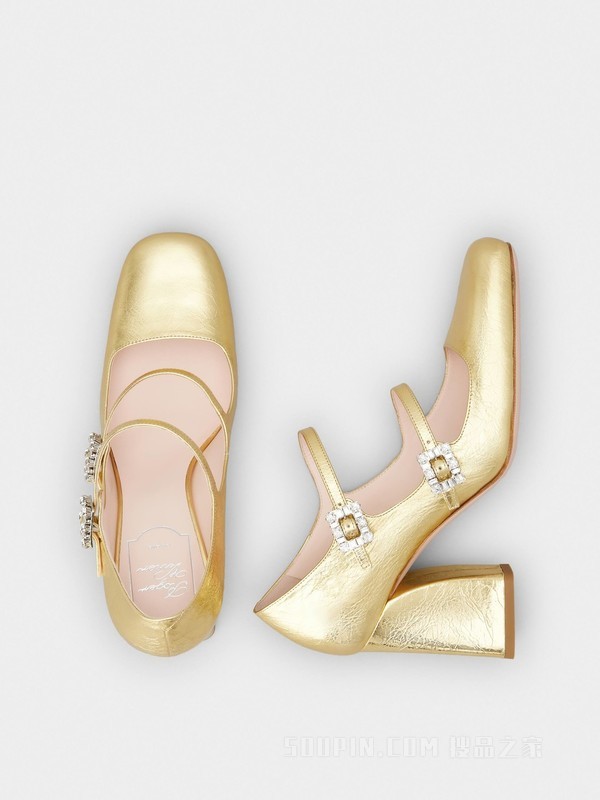 Mini Très Vivier Babies钻扣皮革高跟鞋 金色