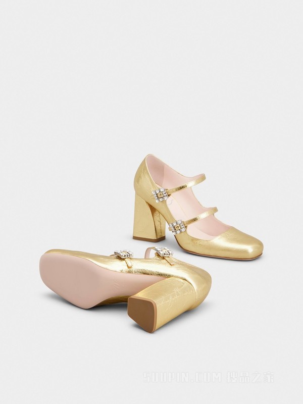 Mini Très Vivier Babies钻扣皮革高跟鞋 金色