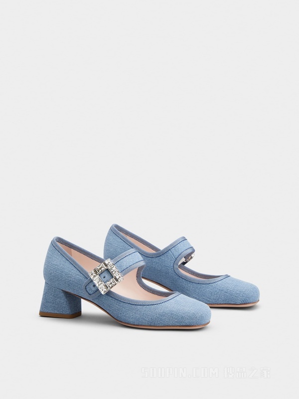Très Vivier Babies钻扣牛仔布高跟鞋 浅蓝色
