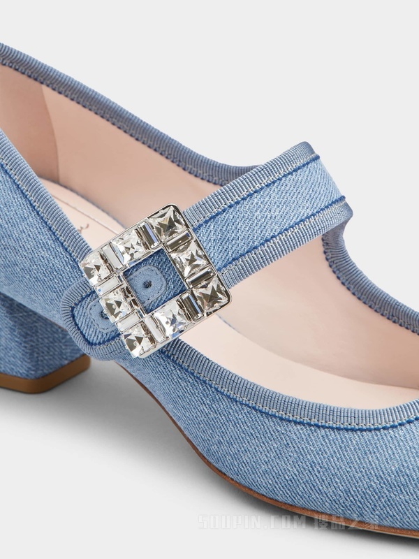 Très Vivier Babies钻扣牛仔布高跟鞋 浅蓝色