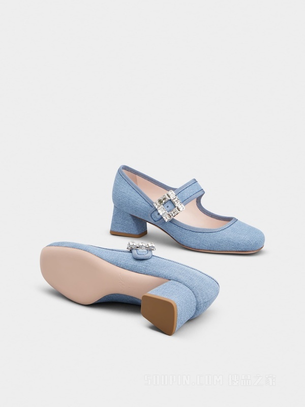 Très Vivier Babies钻扣牛仔布高跟鞋 浅蓝色