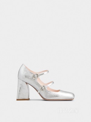 Mini Très Vivier Babies钻扣皮革高跟鞋 银色