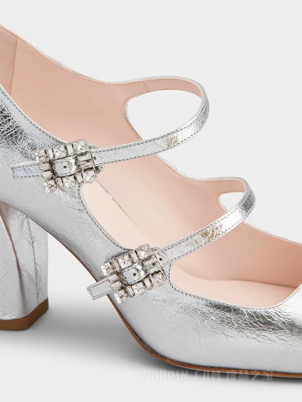 Mini Très Vivier Babies钻扣皮革高跟鞋 银色