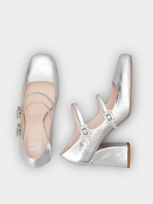 Mini Très Vivier Babies钻扣皮革高跟鞋 银色