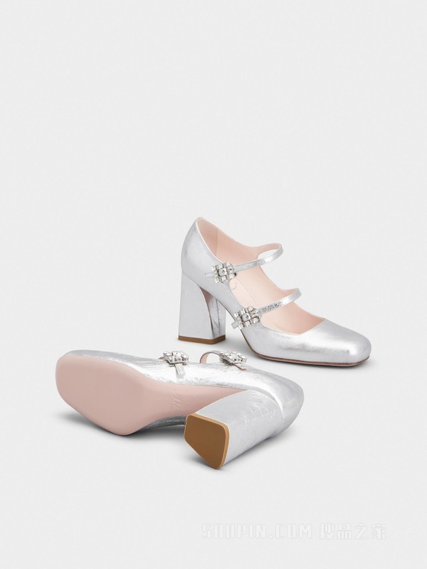 Mini Très Vivier Babies钻扣皮革高跟鞋 银色