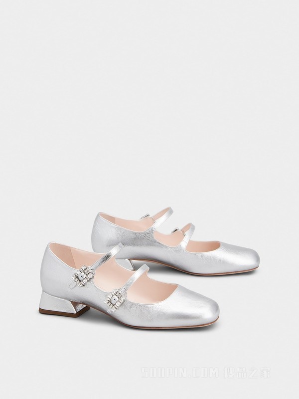 Mini Très Vivier Babies钻扣皮革芭蕾舞鞋 银色