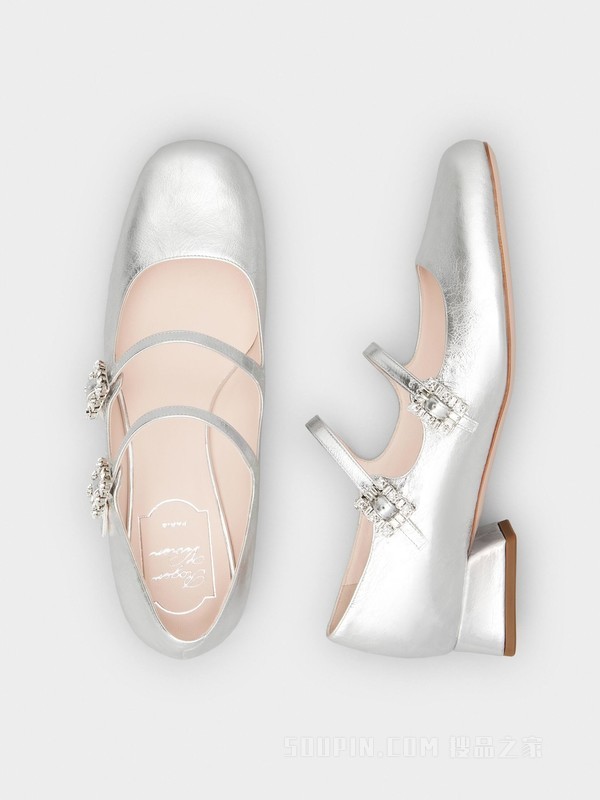 Mini Très Vivier Babies钻扣皮革芭蕾舞鞋 银色