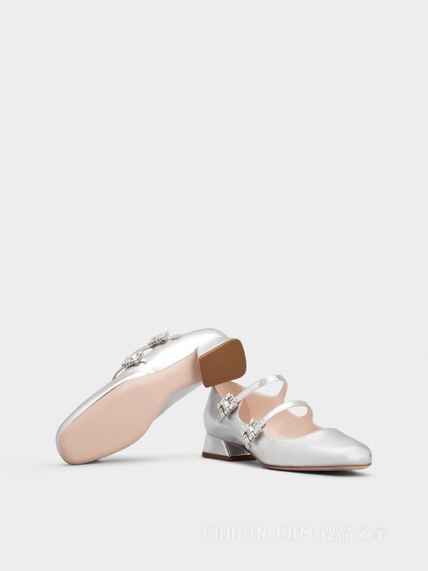 Mini Très Vivier Babies钻扣皮革芭蕾舞鞋 银色