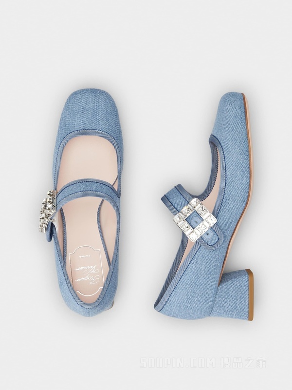 Très Vivier Babies钻扣牛仔布高跟鞋 浅蓝色