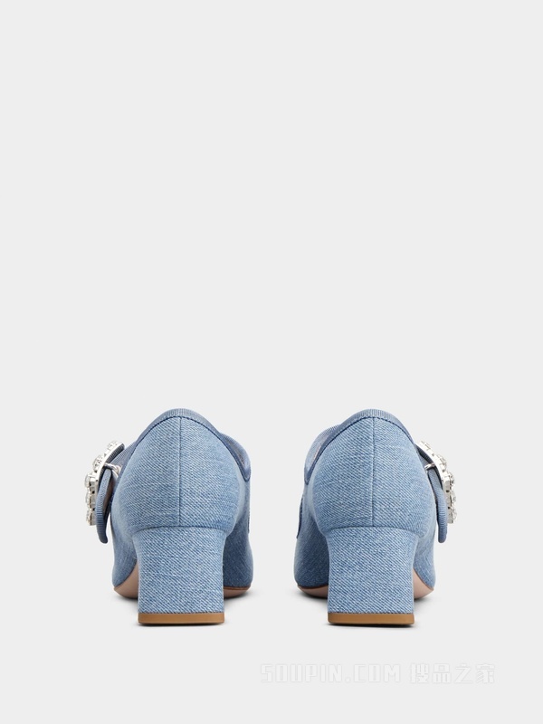 Très Vivier Babies钻扣牛仔布高跟鞋 浅蓝色
