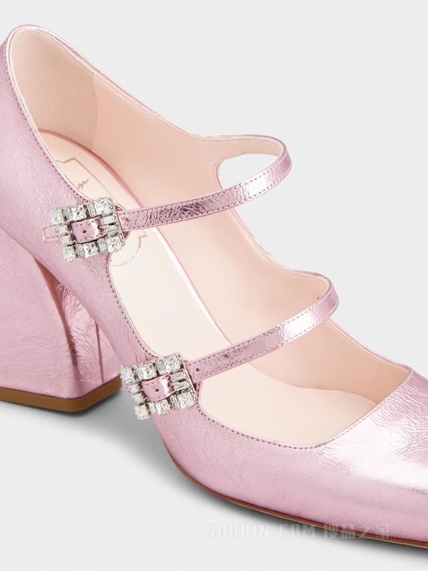 Mini Très Vivier Babies钻扣皮革高跟鞋 粉色