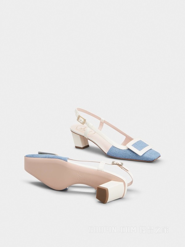 Belle Vivier漆扣后袢带牛仔布高跟鞋 浅蓝色