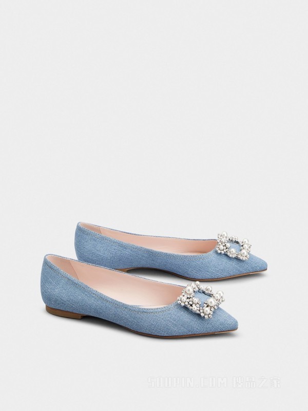 Flower珍珠花钻牛仔布芭蕾舞鞋 浅蓝色