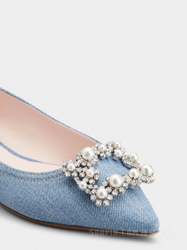 Flower珍珠花钻牛仔布芭蕾舞鞋 浅蓝色