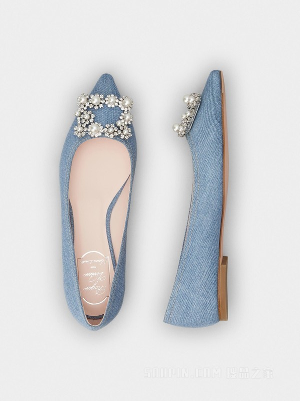 Flower珍珠花钻牛仔布芭蕾舞鞋 浅蓝色
