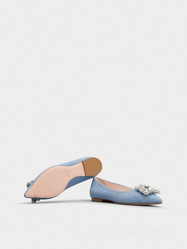 Flower珍珠花钻牛仔布芭蕾舞鞋 浅蓝色