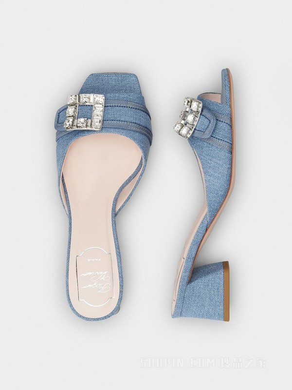 Très Vivier钻扣牛仔布穆勒鞋 浅蓝色