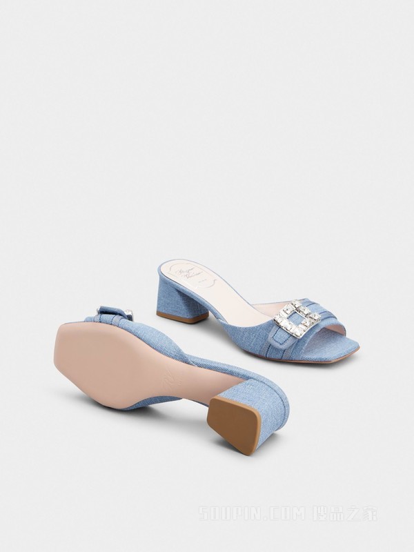 Très Vivier钻扣牛仔布穆勒鞋 浅蓝色