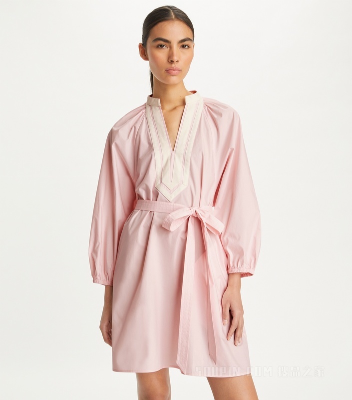 棉质灯笼袖连衣裙 灰粉色