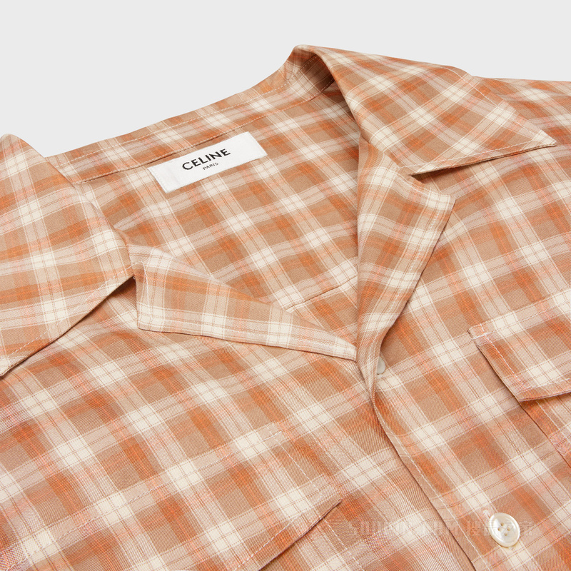 格纹桑蚕丝短款衬衫 米色/粉笔白/橙色-02RH